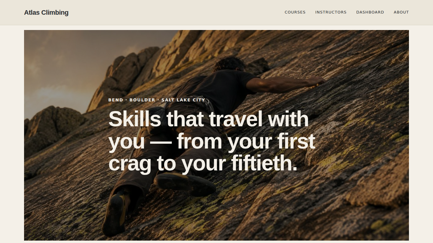 WordPress LMS demo for a fictional small-chain climbing gym (Bend / Boulder / Salt Lake) selling online courses — three courses with progress tracking, instructor profiles, student dashboard, certificate flow, all on Tutor LMS Free theme... — preview of a ScopeForged-built site