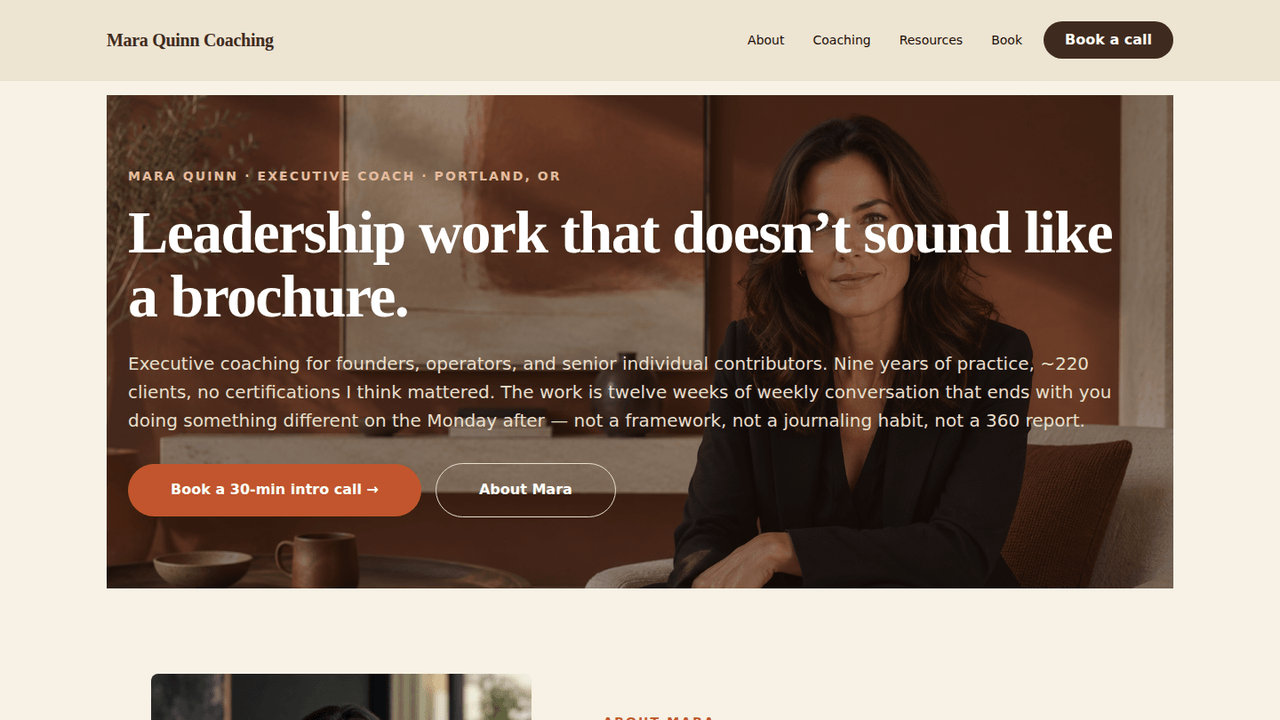WordPress personal-brand demo for a fictional executive coach — long-form bio, three engagement types with honest pricing, lead-magnet PDF resources, and a book-a-call page treated as a real conversation rather than a calendar widget.