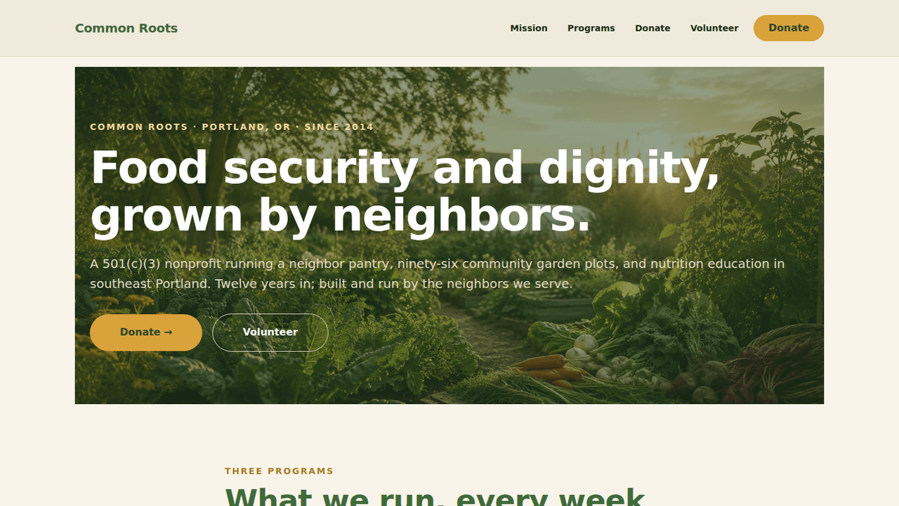 WordPress nonprofit demo for a fictional community garden and food-security org — three programs in operational detail, impact-stats trust bar, four-tier donation page with per-tier impact, and a volunteer page that treats sign-up as a r...