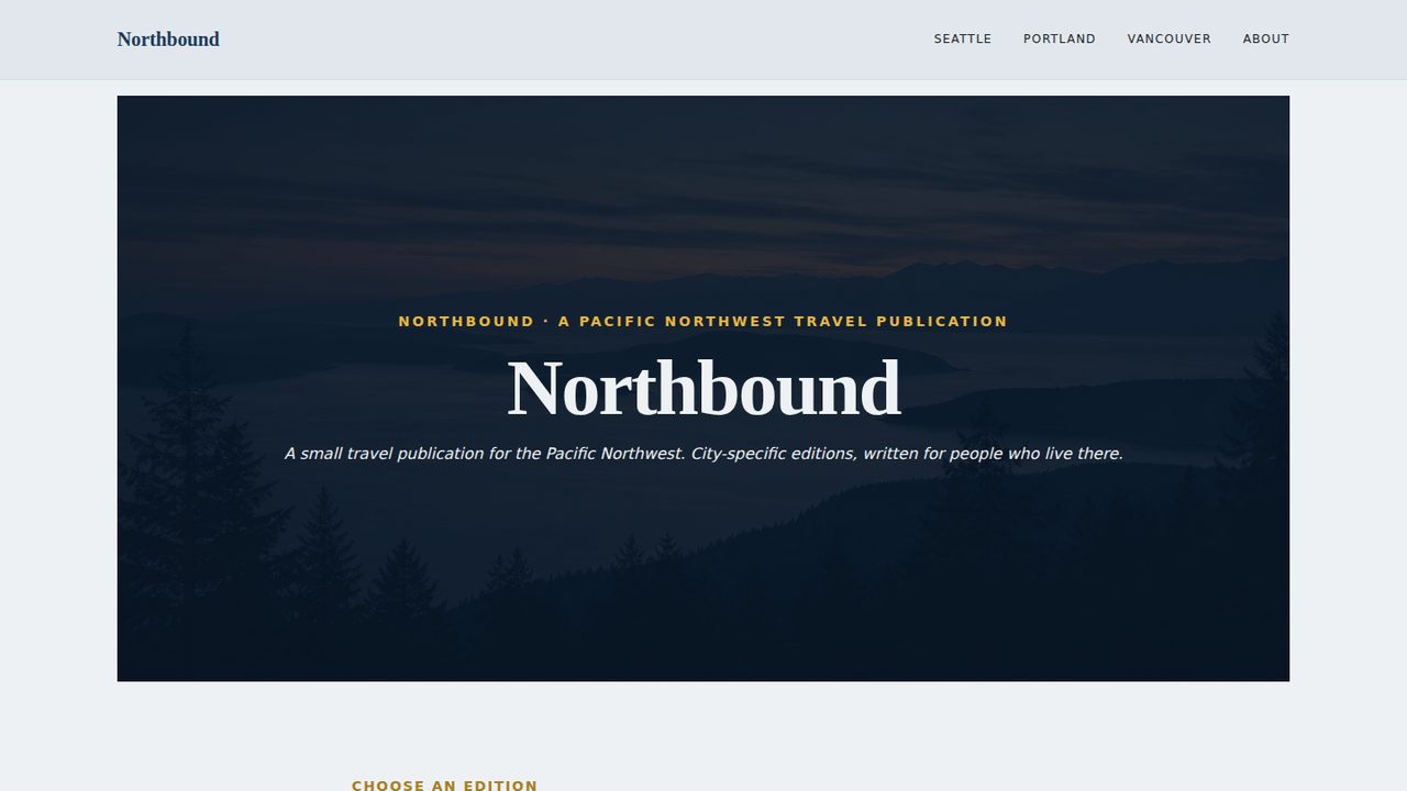 WordPress Multisite (subdirectory) demo for a fictional PNW travel publication — one install, one TLS cert, one A record, four sites with their own content and admin.