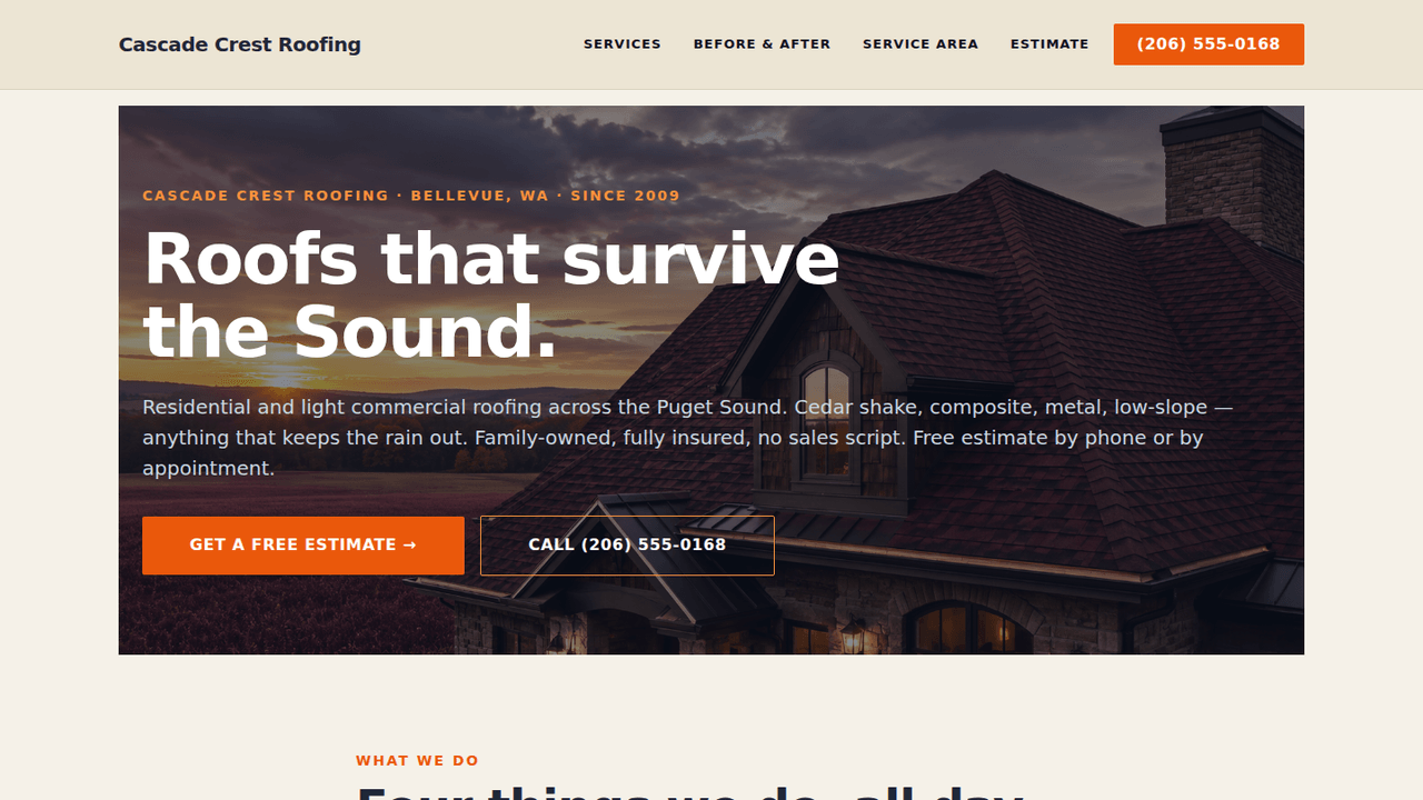 WordPress local-trades demo for a fictional Puget Sound roofing contractor — service cards, before/after gallery, service-area map, fixed-price estimate flow that pre-screens leads through the contact copy.