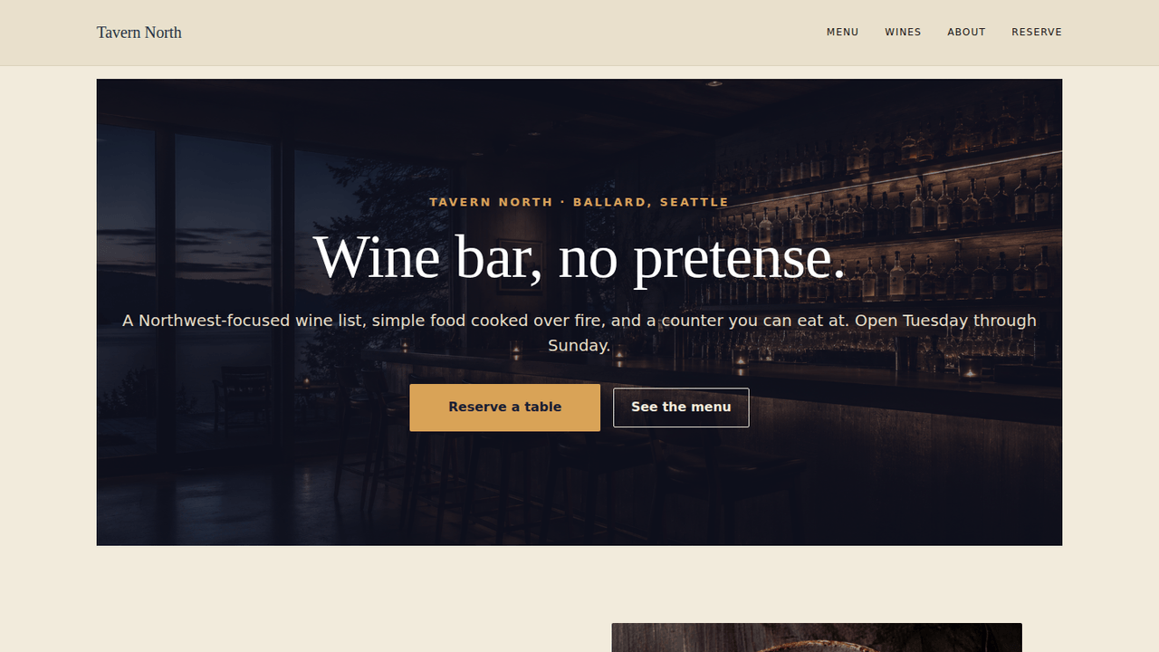 WordPress hospitality demo for a fictional Ballard wine bar with a custom Gutenberg menu block — CSS-dotted leaders between names and prices that read like a printed menu, not an HTML table.